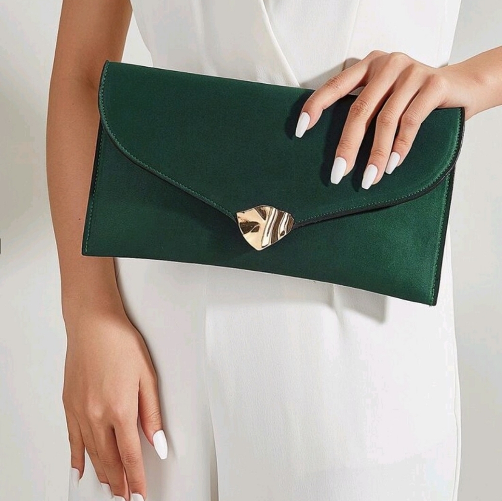 Elegant Forest Green And Velvet-like Material Clutch with Gold Accent